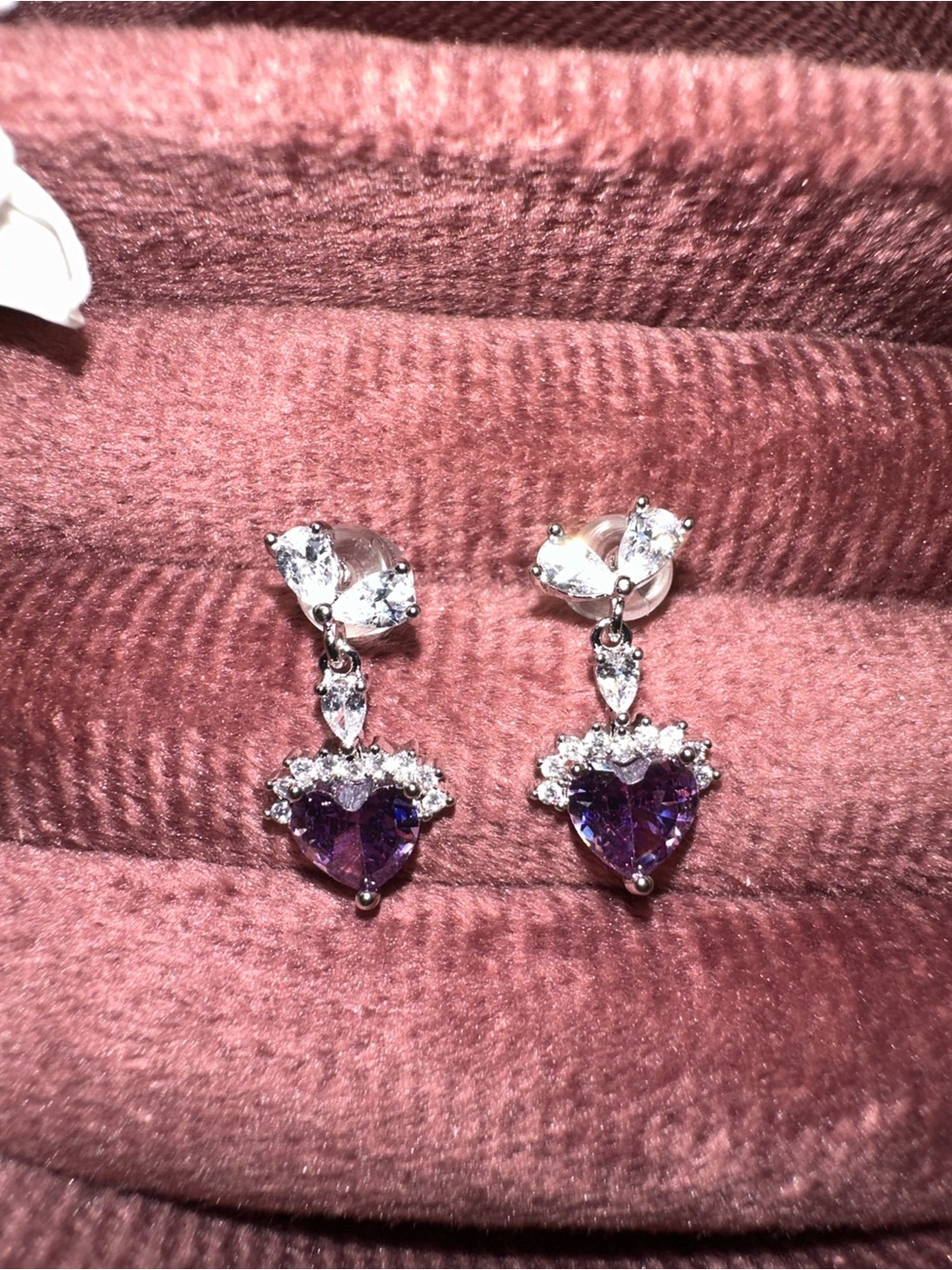 Silver Drop Heart Shape Earrings with Purple Heart Gemstones